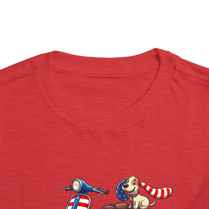 Toddler Tee - Patriotic Pup on American Flag Scooter (4th of July Kids Shirt)