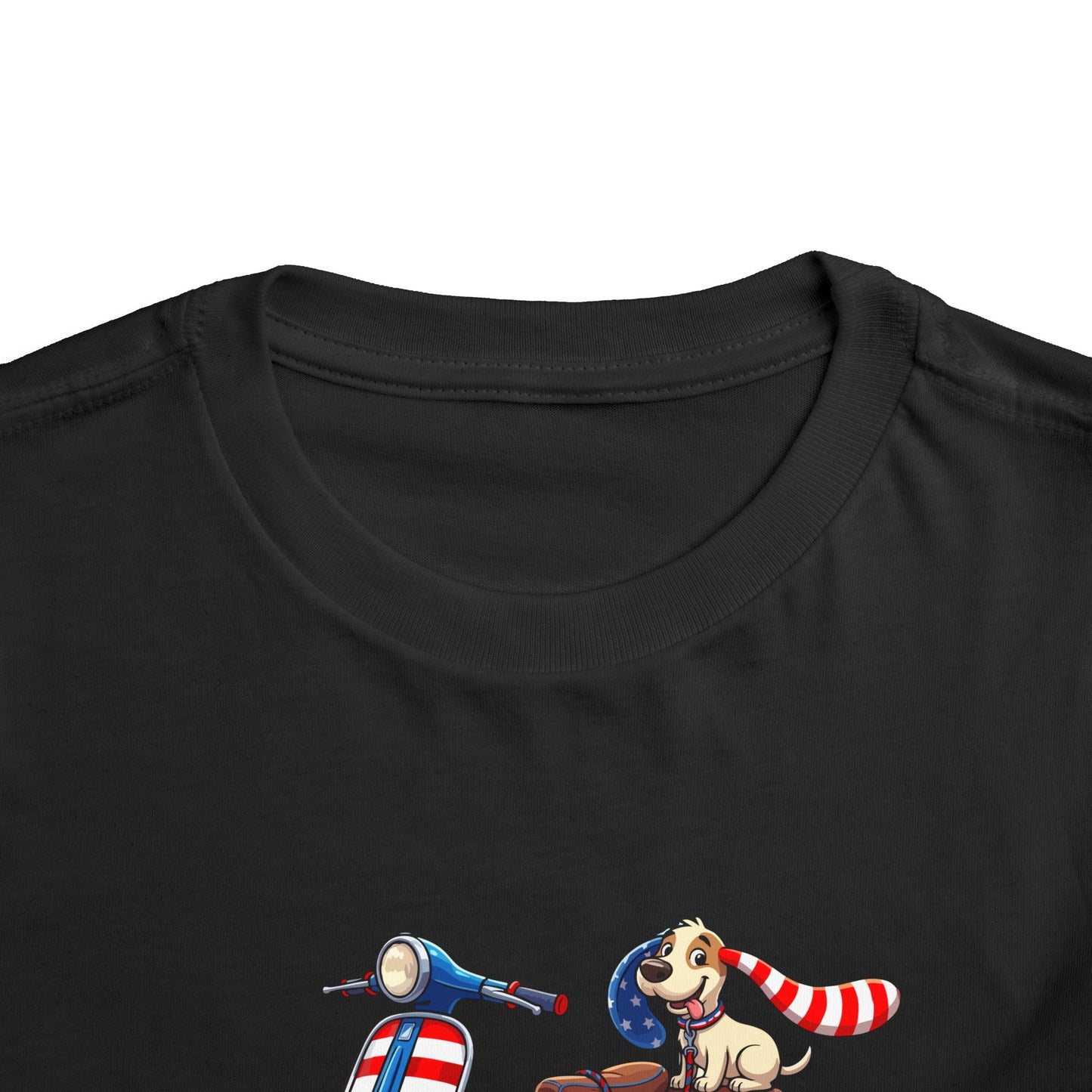 Toddler Tee - Patriotic Pup on American Flag Scooter (4th of July Kids Shirt)