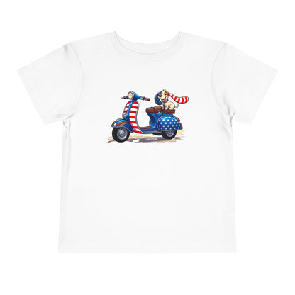 Toddler Tee - Patriotic Pup on American Flag Scooter (4th of July Kids Shirt)