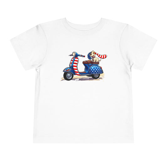 Toddler Tee - Patriotic Pup on American Flag Scooter (4th of July Kids Shirt)