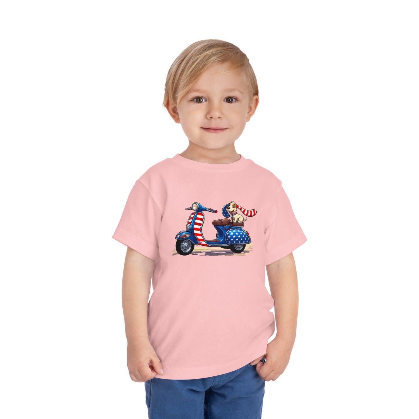 Toddler Tee - Patriotic Pup on American Flag Scooter (4th of July Kids Shirt)