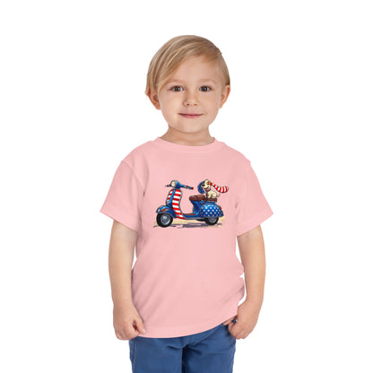 Toddler Tee - Patriotic Pup on American Flag Scooter (4th of July Kids Shirt)