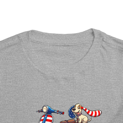 Toddler Tee - Patriotic Pup on American Flag Scooter (4th of July Kids Shirt)