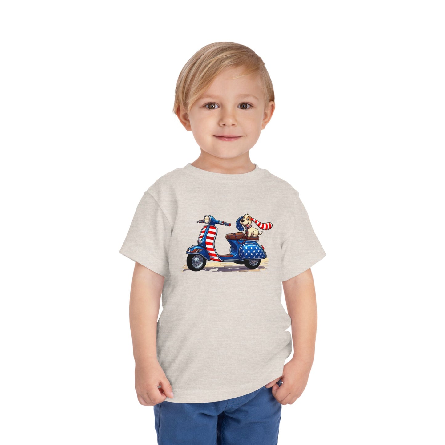 Toddler Tee - Patriotic Pup on American Flag Scooter (4th of July Kids Shirt)