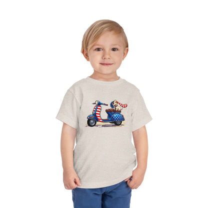 Toddler Tee - Patriotic Pup on American Flag Scooter (4th of July Kids Shirt)