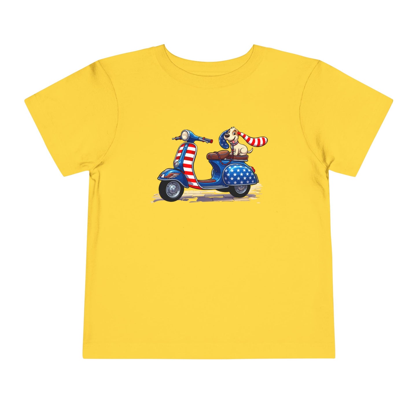 Toddler Tee - Patriotic Pup on American Flag Scooter (4th of July Kids Shirt)