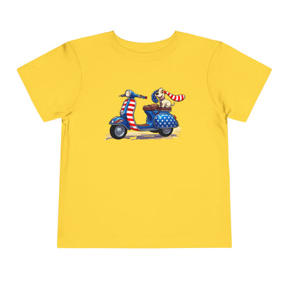 Toddler Tee - Patriotic Pup on American Flag Scooter (4th of July Kids Shirt)
