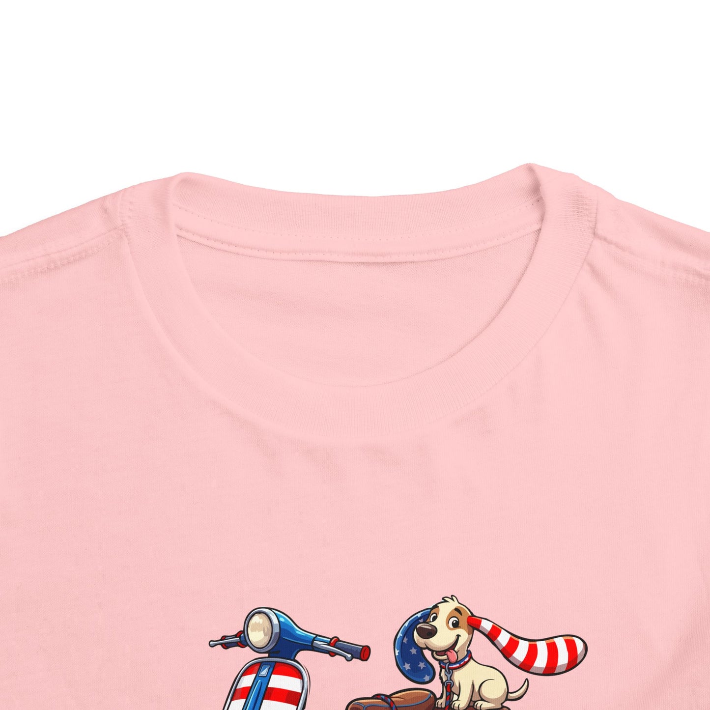 Toddler Tee - Patriotic Pup on American Flag Scooter (4th of July Kids Shirt)