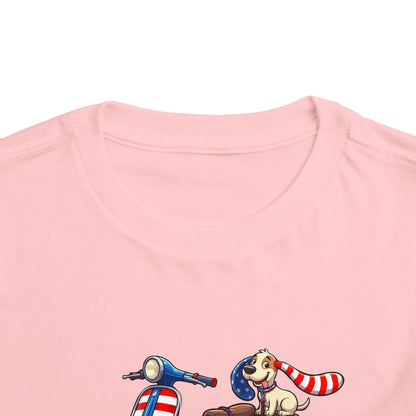 Toddler Tee - Patriotic Pup on American Flag Scooter (4th of July Kids Shirt)