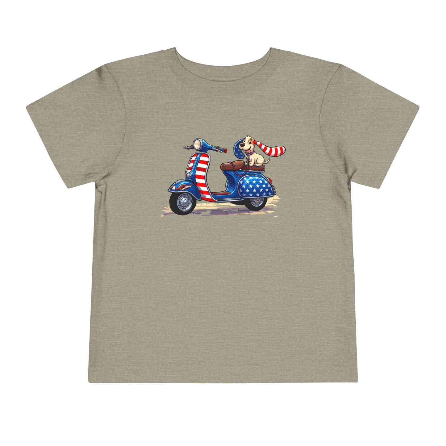 Toddler Tee - Patriotic Pup on American Flag Scooter (4th of July Kids Shirt)