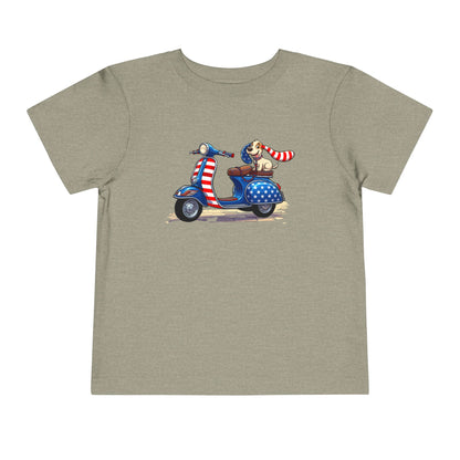 Toddler Tee - Patriotic Pup on American Flag Scooter (4th of July Kids Shirt)